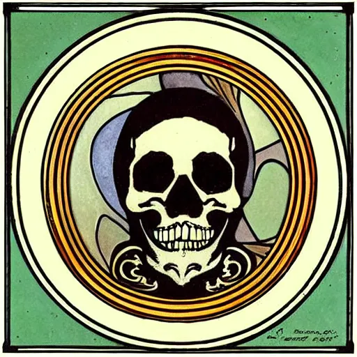 Image similar to skull in the center of a decorative art nouveau round frame, in the style of Mucha,