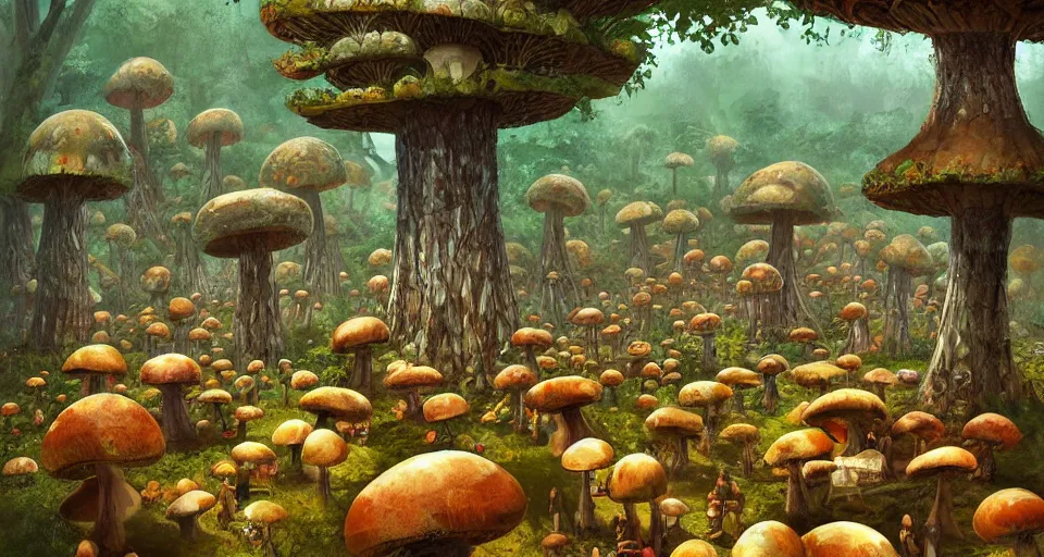 Prompt: A tribal village in a forest of giant mushrooms, by Marc Simonetti