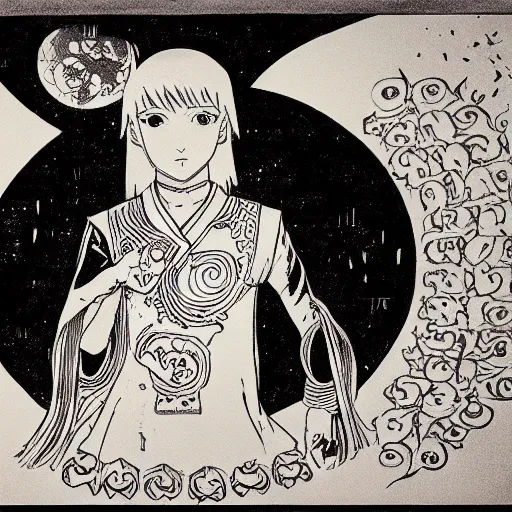 Prompt: portrait of a girl standing with a yin - yang orb at her feet on the ground, detailed manga art panel, professional