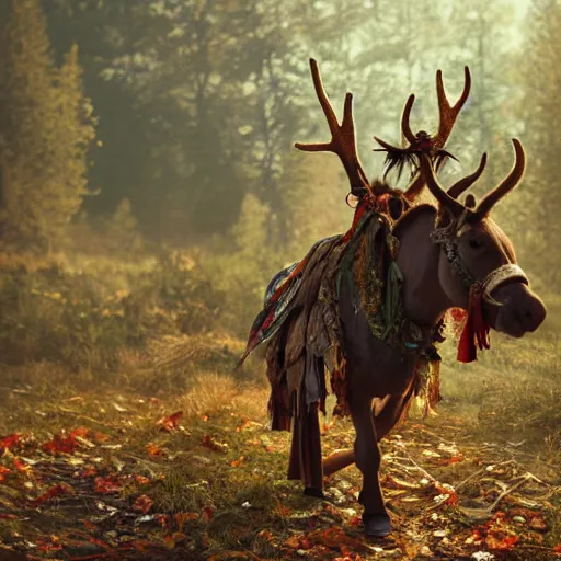 Image similar to hippie tribal hobo wearing twigs and leaves smiling sheepishly, riding tiny scuffy donkey with novelty oversized antlers, autumn forest, highly detailed, dramatic lighting, night time, cinematic, hyperrealistic, detailed, movie still from game of thrones