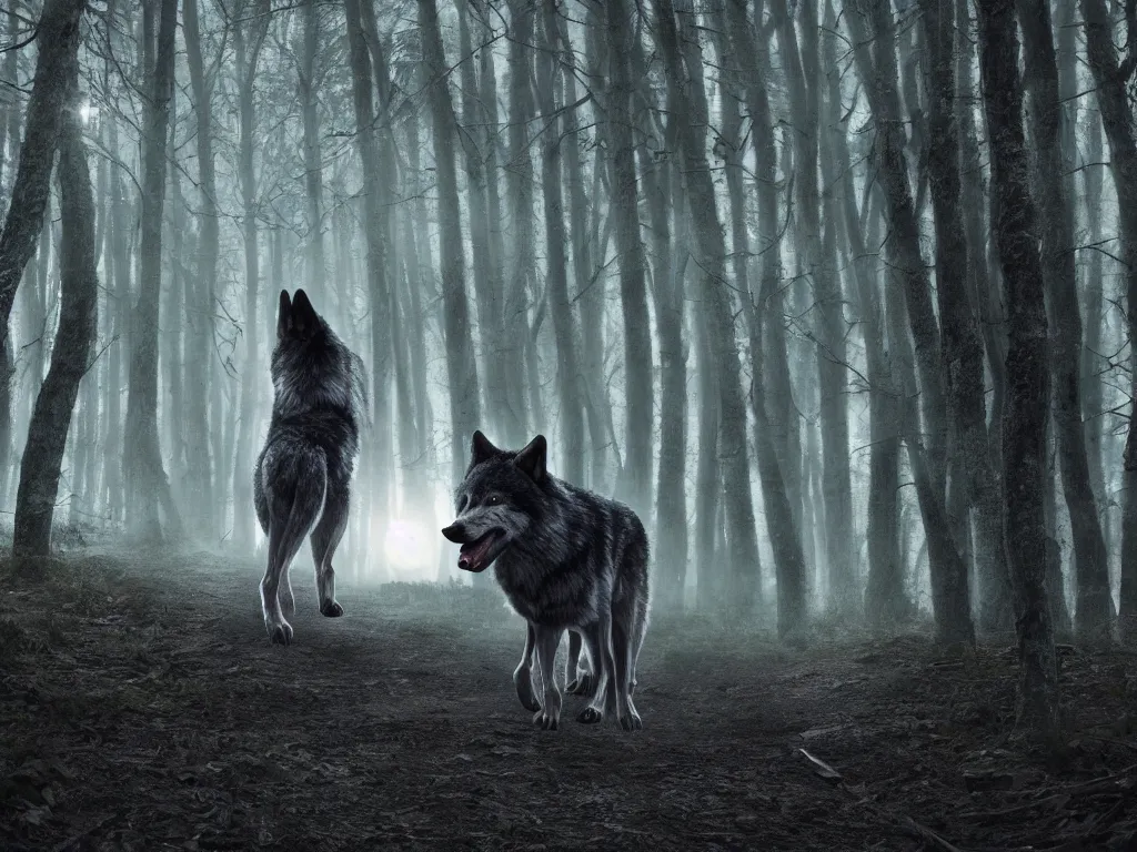 Prompt: portrait of a large wolf walking on a dark path through the forest at night under a full moon, 4 k, photorealistic,