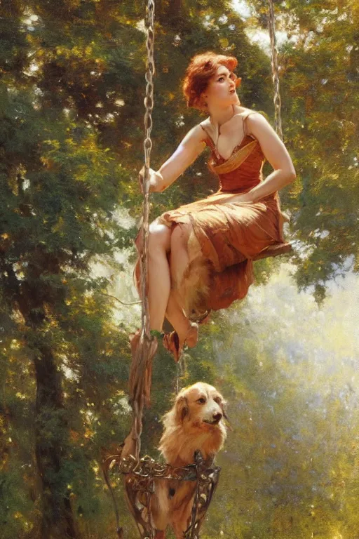 Image similar to full body portrait of her sitting on swing in forest, highly detailed painting by gaston bussiere, craig mullins, j. c. leyendecker, 8 k, mid shot