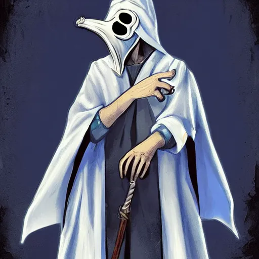 Image similar to a wizard wearing a white plague mask with a blue robe using a magical spell, white plague doctor mask, d & d character design art, gta cover art, gta loading screen art, digital art, unreal engine 5