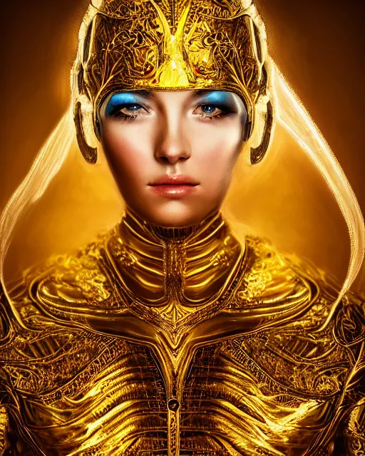 Image similar to airbrush portrait of woman in shining golden armor, high production value, intricate details, high resolution, hdr, high definition, masterpiece, realistic, ultrarealistic, highly detailed, hd, sharp focus, non blurry, sharp, smooth