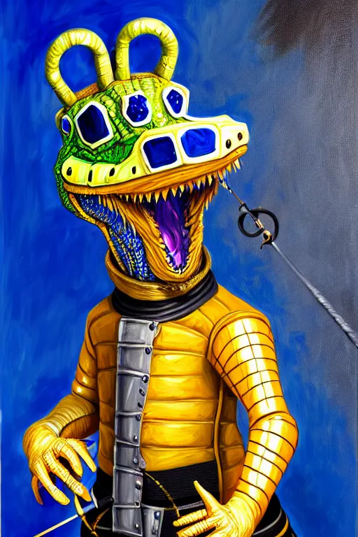 Image similar to royal portrait of an anthropomorphic male alligator fursona in fencing gear, furry art, oil on canvas, dramatic