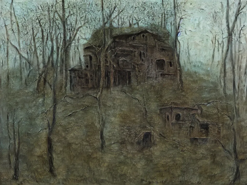 Image similar to abandoned wooden house in the woods, by zdzislaw beksinski, oil on canvas