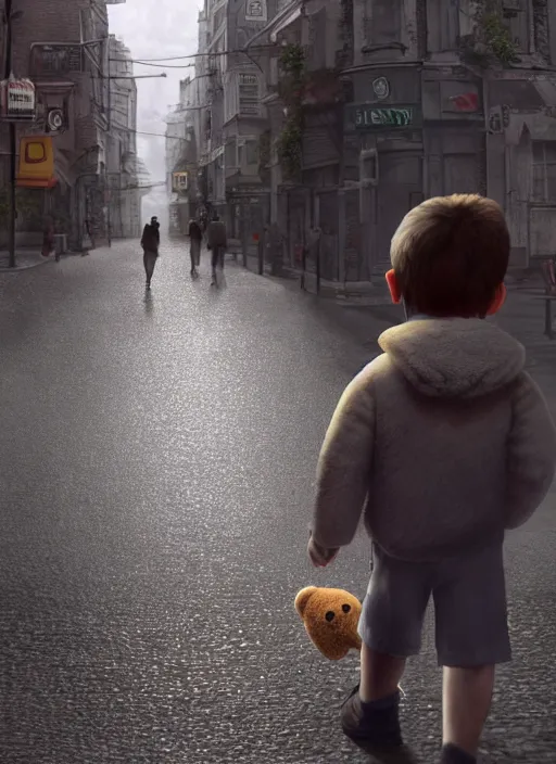 Prompt: hyperrealism, detailed textures, photorealistic 3 d, a young boy walking down the street holding a worn out teddy bear, ultra realistic, cinematic, intricate, cinematic light, concept art, illustration, art station, unreal engine 8 k