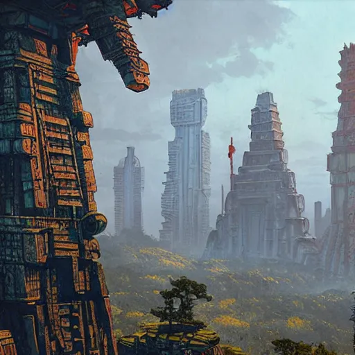 Image similar to mayan cyberpunk city in the center of redwood forest, viewed from a distance, shadow of the colossus screenshot by j. c. leyendecker, simon stalenhag, studio ghibli, and beksinski