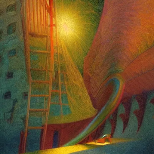 Image similar to colourful scene from a dream. digital artwork by vincent bons, michael whelan, remedios varo and gerardo dottori. grainy and rough. interesting pastel colour palette. beautiful light. oil and water colour based on high quality render.