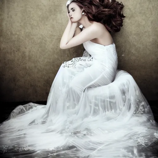 Prompt: Cthlulu glamour shot, white bridal wedding dress and lace veil, high fashion modeling, glossy magazine photoshoot, tentacles, airbrush, faded background,