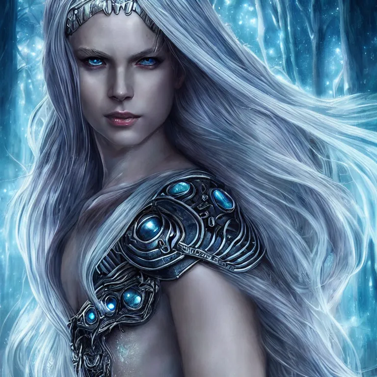 Image similar to beautiful cinematic fantasy poster, sci-fi, semi-transparent, candy gumdrop head with brilliant silver flowing hair and a brilliant jeweled silver helm, beautiful white glowing eyes, wideshot ultrawide angle epic scale, hybrid from The Elden Ring and art direction by Darius Zawadzki ;by artgerm; wayne reynolds art station; cinematic quality character render; low angle; ultra high quality model; production quality cinema model;