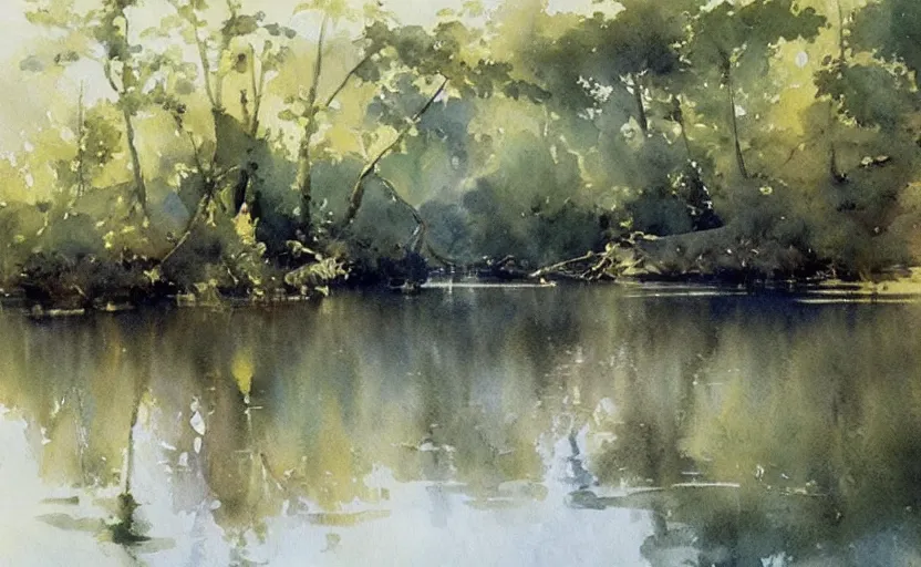 Prompt: watercolor lanscape by anders zorn, very very very very beautiful art, dramatic light, water reflections, aquarelle paint splashes and drips, drops