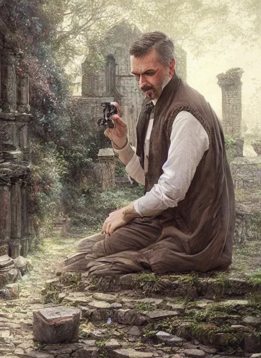 Prompt: realistic portrait painting of peter shirley, old mystic ruins, afternoon, intricate, elegant, highly detailed, digital painting, sharp, focus, by artgerm and greg rutkowski