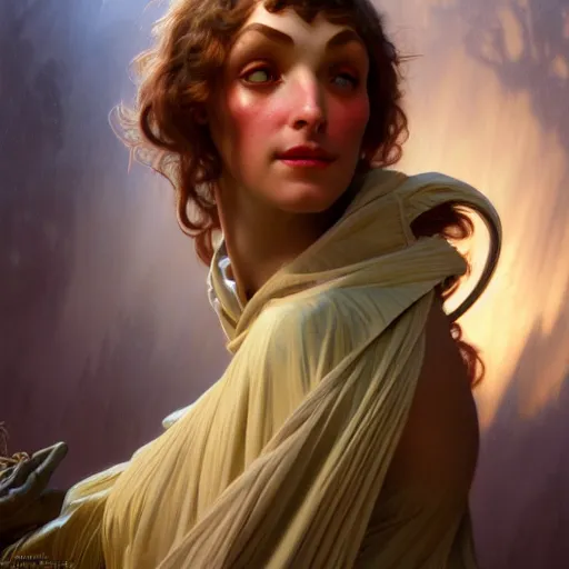 Image similar to a portrait of a gelfling, dark fantasy, medium shot, intricate, elegant, highly detailed, digital painting, volumetric light, artstation, concept art, smooth, sharp focus, illustration, art by Gil Elvgren and Greg Rutkowski and Alphonse Mucha