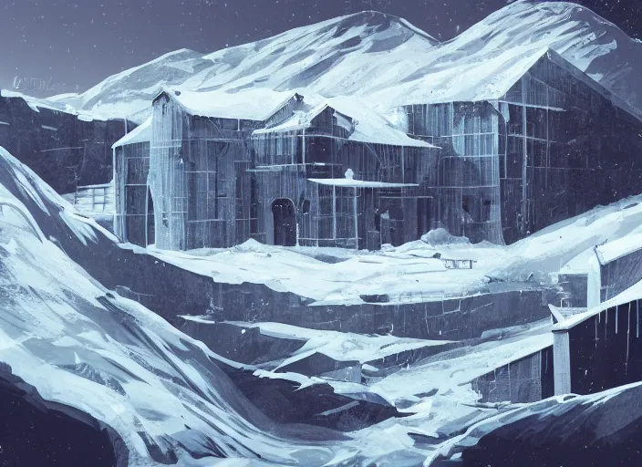Prompt: an old research facility sits on a remote mountain. the cold seems to creep over everything and consume it entirely, leaving only black and frozen corpses, by gilleard james