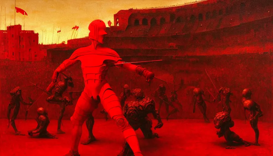 Image similar to only with red, a lightly armored gladiator in a crowded roman amphitheatre, crowd cheering, in the style of beksinski and edward hopper and rodcenko and yue minjun and cory loftis, intricate and epic composition, red by caravaggio, highly detailed, masterpiece, red light, artstation, art nouveau