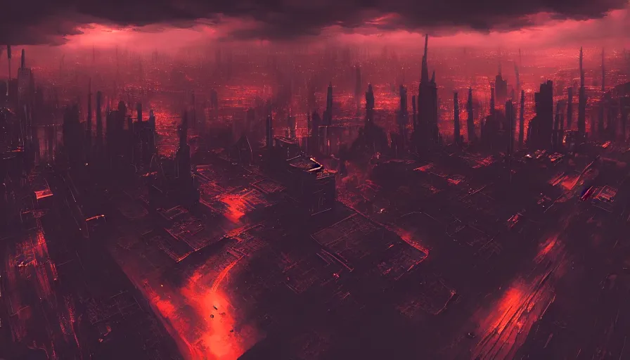 Prompt: aerial view of dark cyberpunk city with clouds, volumetric lighting, dystopia, artstation, concept art, painting