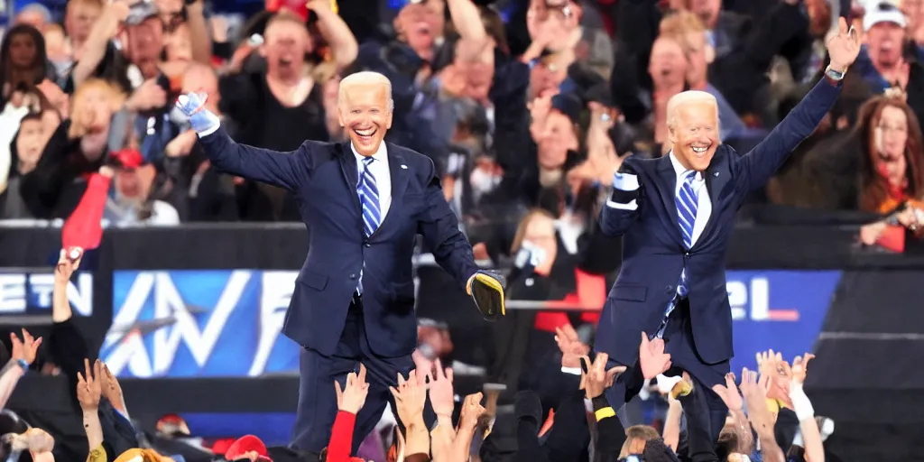 Image similar to joe biden hit with chair at wrestlemania, detailed facial expressions, hyper detailed