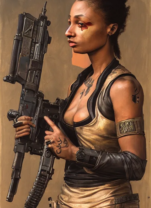 Prompt: maria igwe. cyberpunk mercenary with tattoos wearing a military vest and combat jumpsuit. (Cyberpunk 2077, bladerunner 2049). Iranian orientalist portrait by john william waterhouse and Edwin Longsden Long and Theodore Ralli and Nasreddine Dinet, oil on canvas. Cinematic, hyper realism, realistic proportions, dramatic lighting, high detail 4k