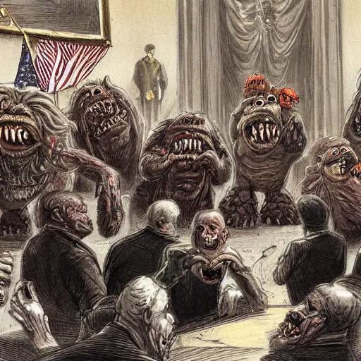 Prompt: a bunch of monsters in place of congressmen arguing on the floor of the capital 4k photorealistic