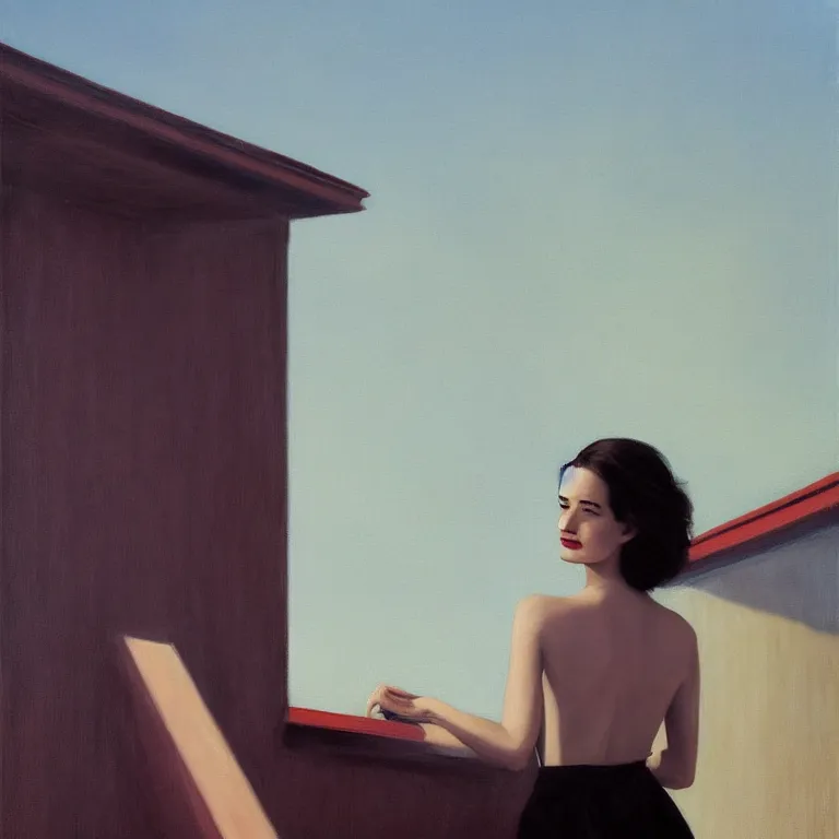 Image similar to portrait of Eva Green on a roof, fog, early morning, , painted by Edward Hopper, painted by Wayne Barlow, airbrush