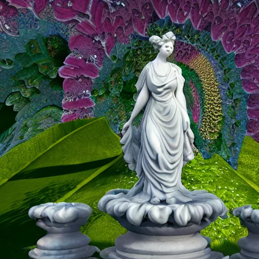 Image similar to an idealistic marble statue with flowery hair in a fractal garden, unreal engine, 8k render, beautiful, full frame,