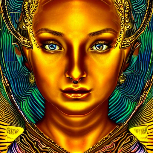 Image similar to cinematic photo of golden godess portrait in the style of Alex grey and davinci
