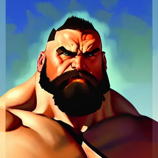 Image similar to Greg Manchess portrait painting of Zangief as Overwatch character, medium shot, asymmetrical, profile picture, Organic Painting, sunny day, Matte Painting, bold shapes, hard edges, street art, trending on artstation, by Huang Guangjian and Gil Elvgren and Sachin Teng