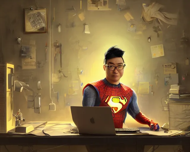 Image similar to an insanely detailed painting of a nerdy asian man wearing a superhero costume, sitting at a desk, staring at the nervously at the computer and typing, in the style of peter mohrbacher, dramatic lighting and composition, surreal background, octane render, pixar, trending on artstation, concept art, comic book, view from behind