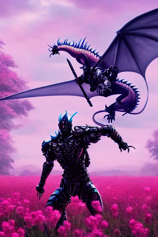 Prompt: illustration cinematic cyborg dragon yielding katana in a field of pink flowers, highly detailed concept art masterpiece, desaturated vitaly bulgarov eric zener dramatic blue light, ground angle uhd 8 k, sharp focus