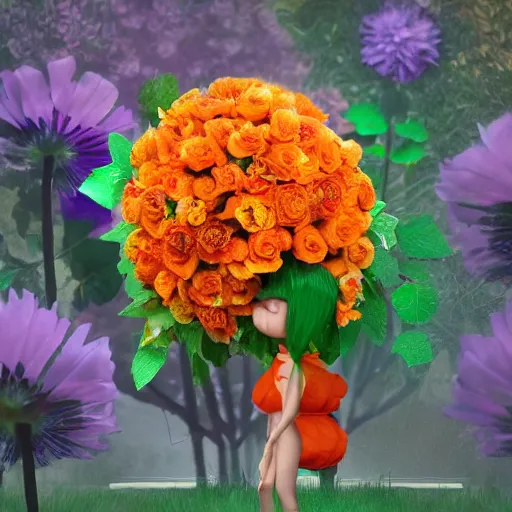 Image similar to a beautiful adorable matte digital painting of a pinata made of orange roses and orange chrysanthemums and purple poppies and green eucalyptus and green leaves, professional lighting, trending on artstation hq, contest winner