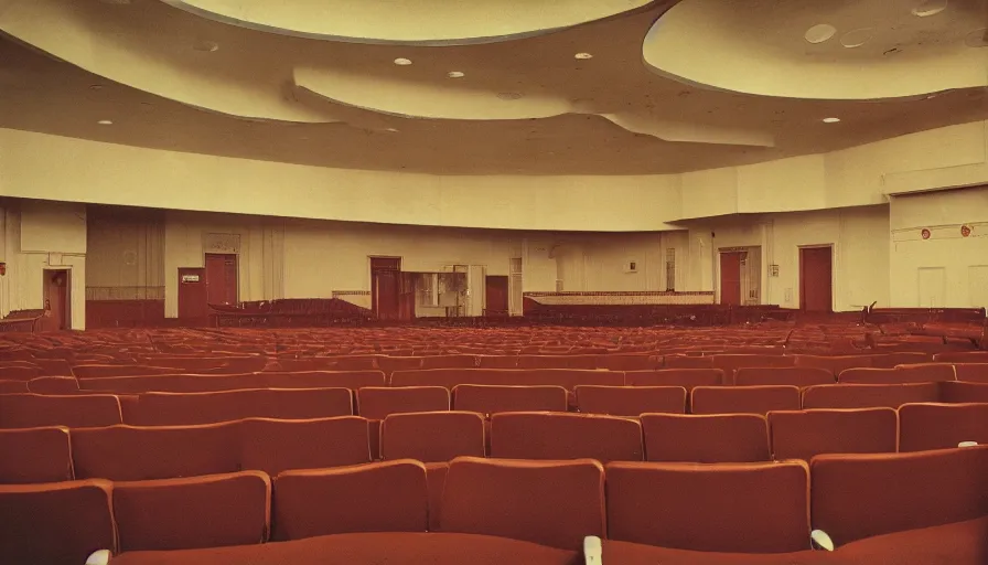 Prompt: 60s movie still of a sovietic stalinist style empty congress room, cinestill 800t 50mm eastmancolor, liminal Space style, heavy grain-s 150