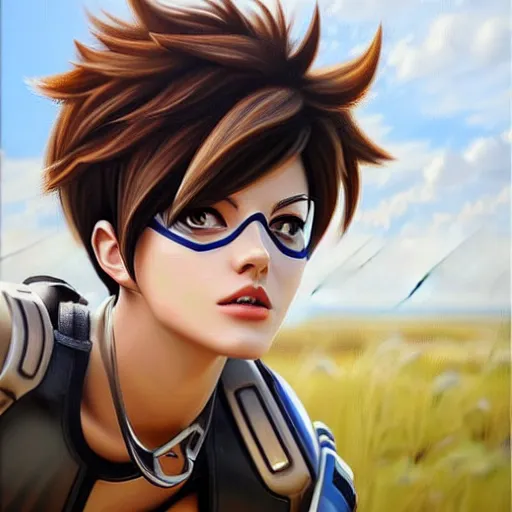 Image similar to oil painting of tracer overwatch in a field, in style of mark arian, expressive face, very detailed face, wearing black leather choker, very detailed eyes, full body, feminine face, detailed makeup on eyes,