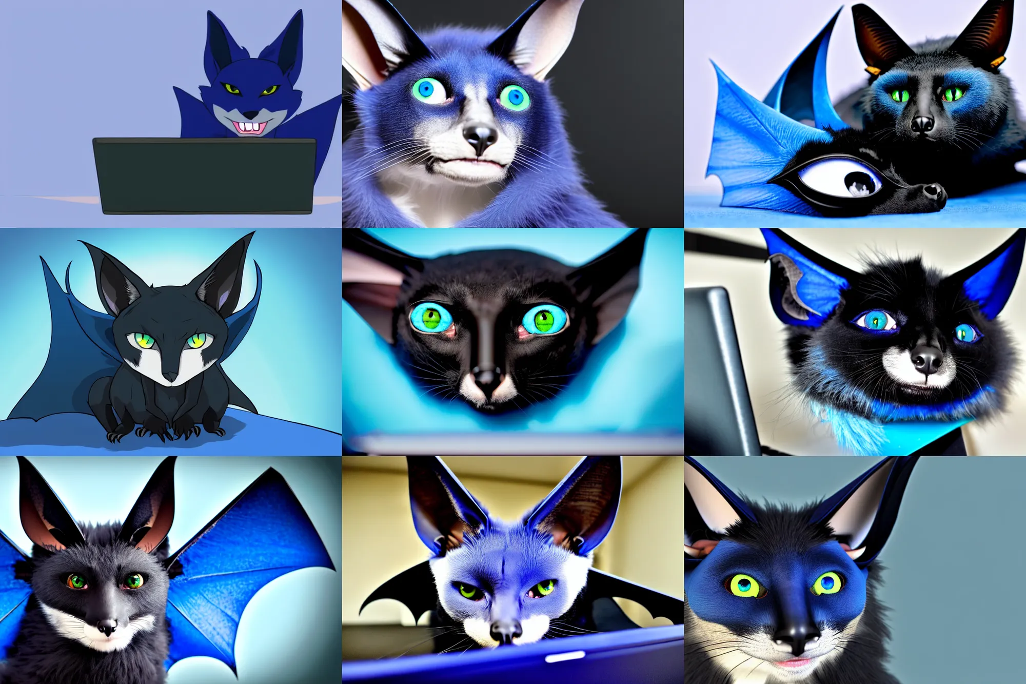 Image similar to a blue - and - black male catbat fursona with blue / green heterochromatic eyes and huge bat ears, photo of the catbat on his computer