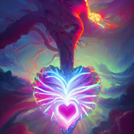 Image similar to a beautiful painting by Tyler Edlin and Anato Finnstark of a heart bursting out of a rib-cage and turning into rainbows and sunflowers, neon pastel color palette, soft feminine elegant, trending on artstation hq