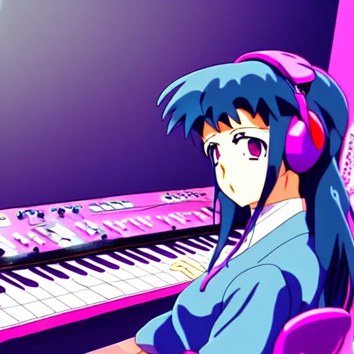 Image similar to An anime character working in their music studio. 90s anime, Sailor Moon, Neon Genesis, official art, flat cell shading, fantastic screenshot art, trending on artstation