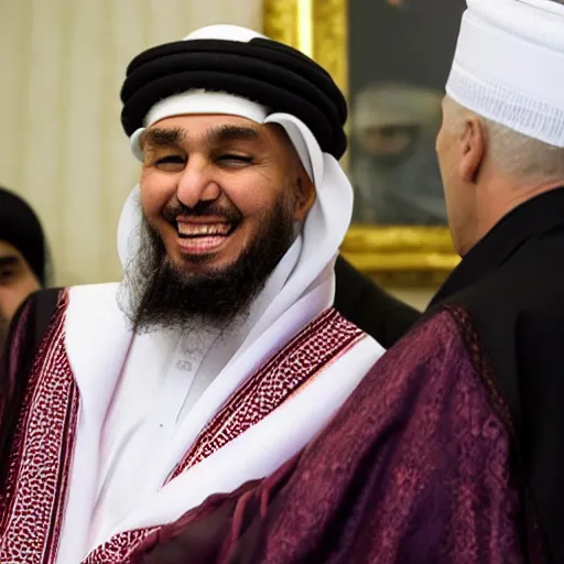 Image similar to trump as an imam, smiling, 4 k, detailed, photograph, realistic