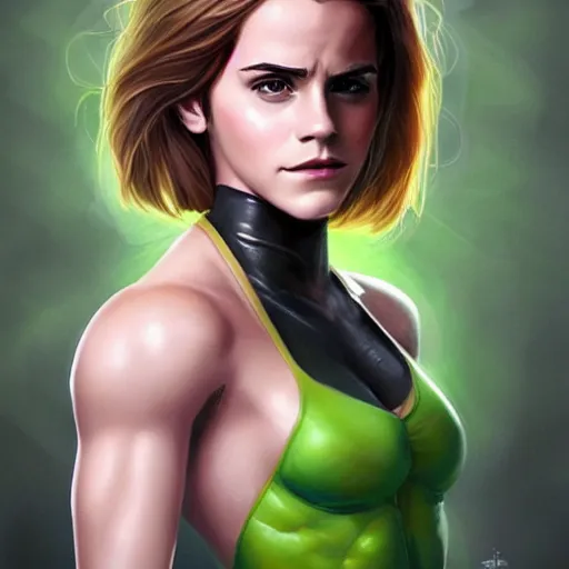 Image similar to emma watson as she hulk, realistic, intricate, elegant, art by artgerm and wlop