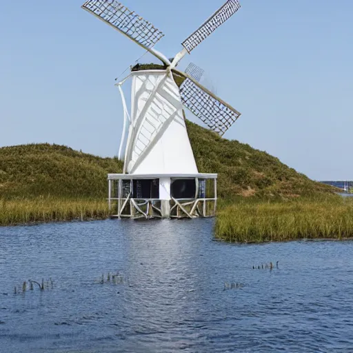 Prompt: a modern white offshore windmill that is also a habitat for people to live on the windmill. There is also a houseboat on the water that connects to the windmill -i -n4 -s50