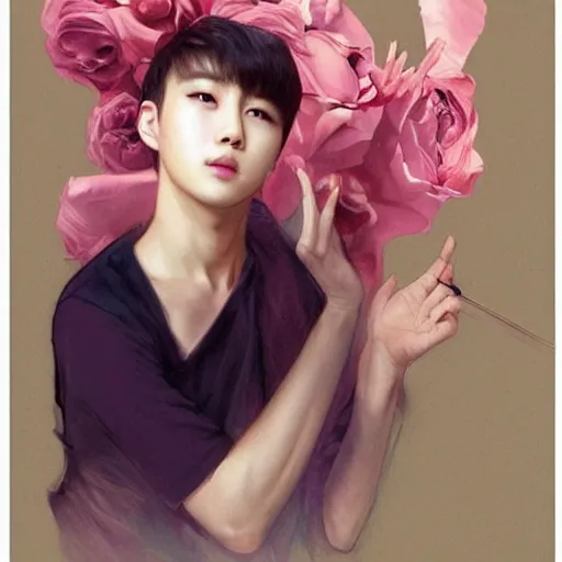 Image similar to portrait of kpop idol, expressive pose, lively expression, a pastel by chip zdarsky, trending on pinterest, mingei, full body, stylish, intricate, elegant, rose tones, highly detailed, digital painting, artstation, concept art, smooth, sharp focus, illustration, art by artgerm and greg rutkowski and alphonse mucha