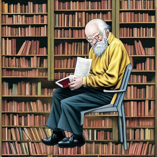 Prompt: detailed photorealistic 2 d illustration pictures a old man read manga while sitting on his library in the style of banksy and alex ross