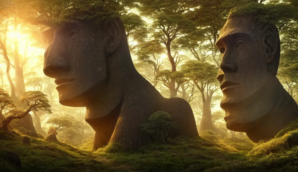 Prompt: detailed intricate digital landscape illustration by greg rutkowski and artgerm and wlop and sanford robinson gifford ; moai statue in yggdrasil forest thick trees ; 1 3 mm film still, wide angle arri alfa anamorphic lens, motion blur ; sharp focus, soft evening lighting with gleaming sun rays ; trending on artstation 4 k