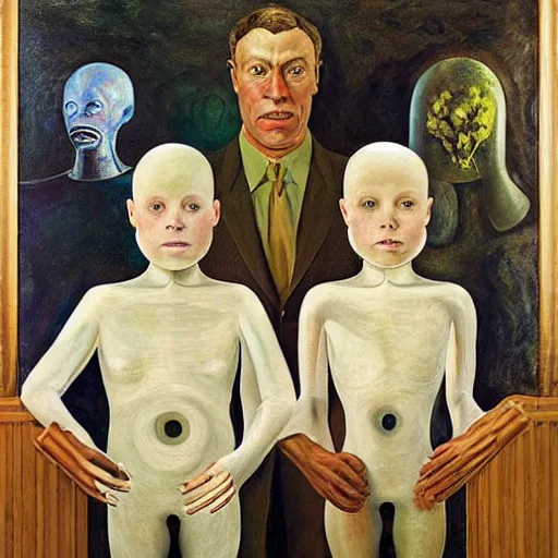 Prompt: a family portrait of alien cyborgs, by andrew wyeth, hilma af klint, rene magritte, grant wood