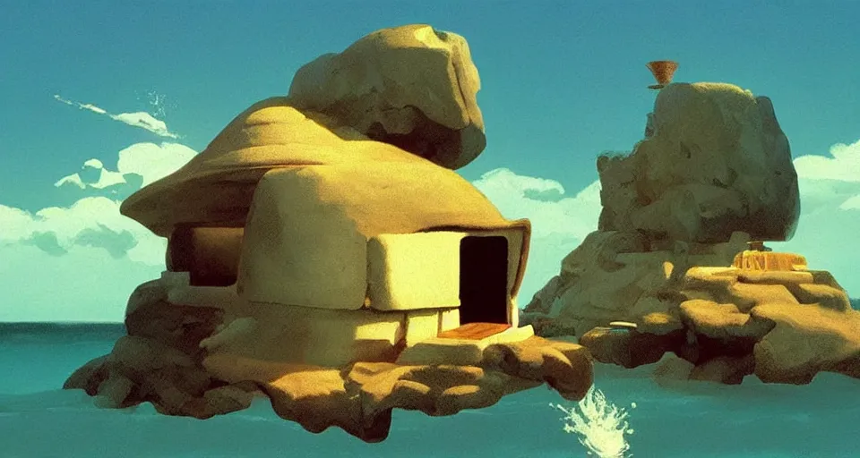 Image similar to environment art, tiny seashell house where a hermit girl lives, atmospheric cinematography by syd mead and emmanuel lubezki
