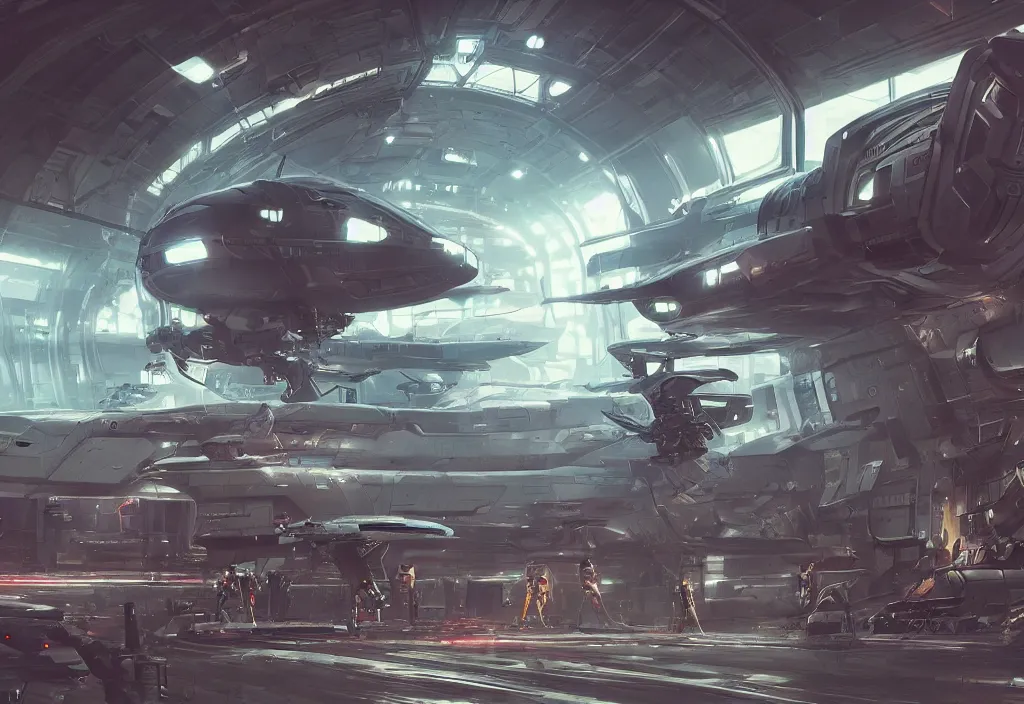 Prompt: futuristic space captain in a hangar, cyborg, Detailed, 8k, sci-fi, panel, concept, simon stalenhag ,syd mead, insane detail, ash thorp, kyza, cyberpunk, collection