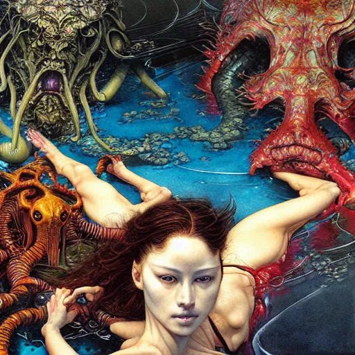 Prompt: realistic detailed image of Creatures in the Swimming Pool on a Sunny Day by Ayami Kojima, Amano, Karol Bak, Greg Hildebrandt, and Mark Brooks, Neo-Gothic, gothic, rich deep colors. Beksinski painting, part by Adrian Ghenie and Gerhard Richter. art by Takato Yamamoto. masterpiece