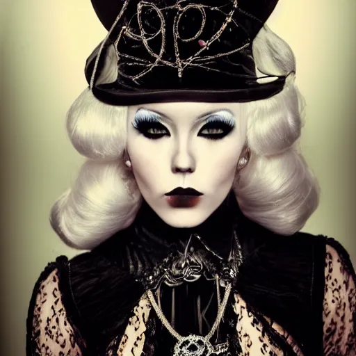 Image similar to modeling photograph kerli koiv in victorian dress, blonde, beautiful, dark, mysterious, bubble goth makeup, detailed symmetrical face, dramatic darkroom lighting high exposure