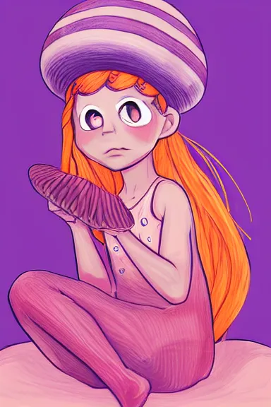 Prompt: a beautiful little girl wearing a mushroom hat in dress sitting on her bed with a slime in her lap | | purple hair with braids, pretty face, sharped details, art by jasper ejsing and lois van baarle, trending on pixiv, anatomically correct, perfect composition, symmetrical, fascinated