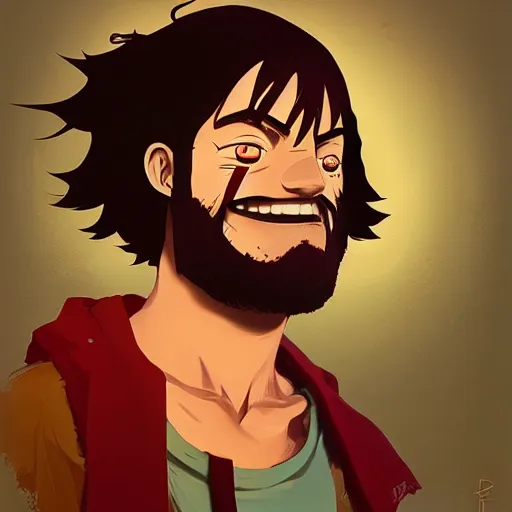 Image similar to portrait of Jesus as Luffy From one piece looking to camera smiling , artwork and style by Sergey Kolesov, arstation,