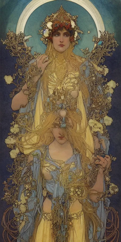 Image similar to saint woman, venus, athena, queen, by alphons mucha and annie swynnerton and jean delville, strong dramatic cinematic lighting, ornate headdress, flowing robes, spines, flowers, stars, lost civilizations, smooth, sharp focus, extremely detailed, blue marble, obsidian, gold, space